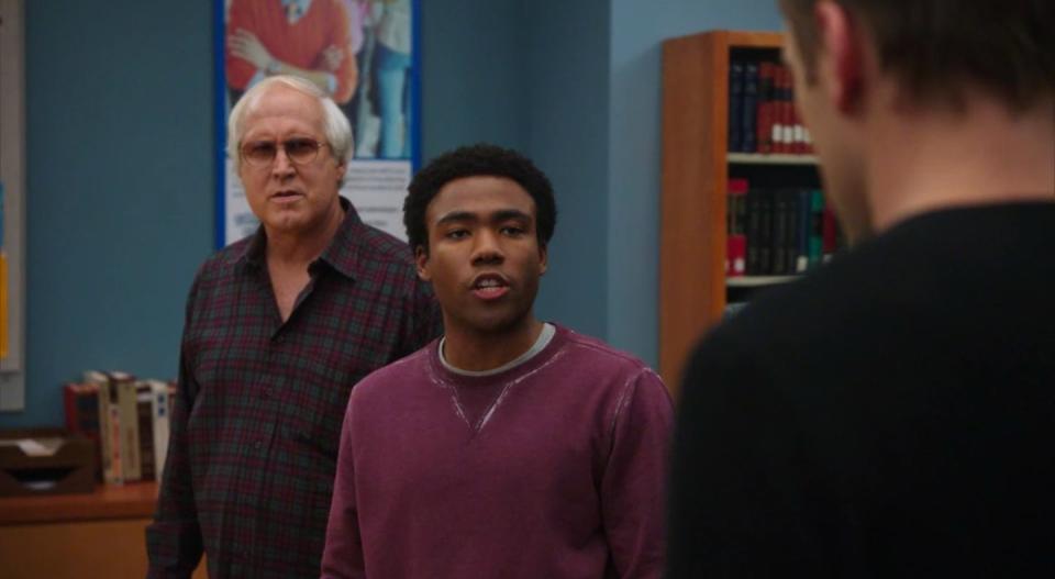 Troy and Pierce scowling at Jeff in "Community"