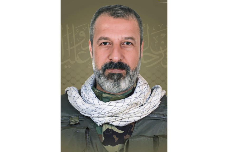 This picture released by Hezbollah media relations office, shows a portrait of Yasser Nemr Qranbish, the former bodyguard of Hezbollah leader Sayyed Hassan Nasrallah who was killed in Syria by an Israeli strike, Tuesday, July 9, 2024. (Hezbollah Media Relations Office via AP)