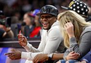 Jan 16, 2016; Auburn Hills, MI, USA; American boxer Floyd Mayweather sits courtside during the third quarter of the game between the Detroit Pistons and Golden State Warriors at The Palace of Auburn Hills. The Pistons won 113-95. Mandatory Credit: Raj Mehta-USA TODAY Sports