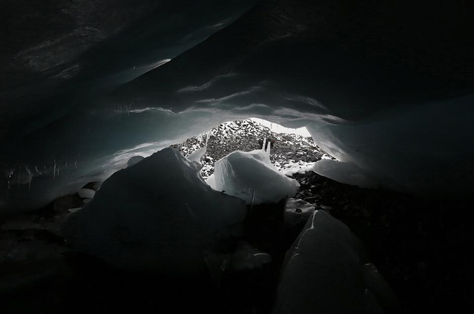 An ice cave at the leading edge of the Pastoruri glacier is seen in Huaraz