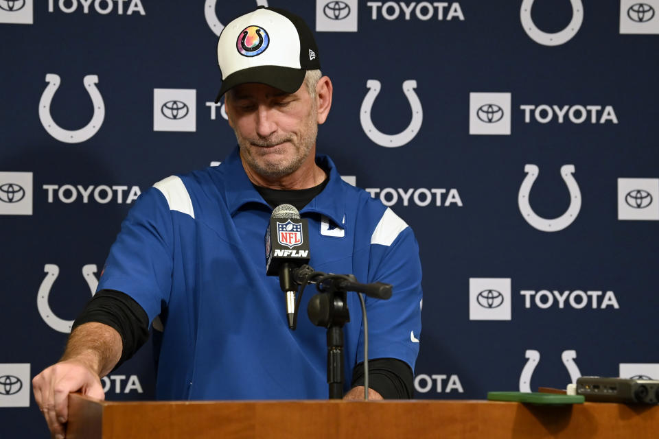 FILE - Indianapolis Colts head coach Frank Reich speaks during a news conference following an NFL football game between the Tennessee Titans and the Indianapolis Colts Sunday, Oct. 23, 2022, in Nashville, Tenn. The Colts have fired coach Frank Reich after another lackluster offensive performance in the team's third consecutive loss. The Colts announced the move on Monday, Nov. 7, 2022, one day after it went 0 for 14 on third down and totaled just 121 yards of offense in an ugly 26-3 loss at New England. . (AP Photo/Mark Zaleski, File)