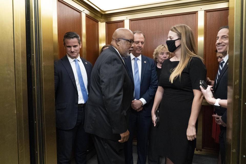 FILE - In this July 27, 2021, file photo Rep. Adam Kinzinger, R-Ill, left, Chairman Rep. Bennie Thompson, D-Miss., second from left, Rep. Adam Schiff, D-Calif., third from left, Rep. Zoe Lofgren, D-Calif., fourth from left, and Rep. Jamie Raskin, D-Md.. right, leave in the elevator after the House select committee hearing on the Jan. 6 attack on Capitol Hill in Washington. (AP Photo/Jose Luis Magana, File)