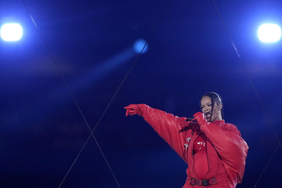 Rihanna performs during the halftime show at the NFL Super Bowl 57 football game between the Kansas City Chiefs and the Philadelphia Eagles, Sunday, Feb. 12, 2023, in Glendale, Ariz. (AP Photo/Brynn Anderson)