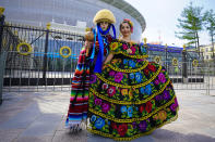 <p>Fans of Mexico pose outside the stadium prior to the 2018 FIFA World Cup Russia group F match between Mexico and Sweden at Ekaterinburg Arena on June 27, 2018 in Yekaterinburg, Russia. (Photo by Carlos Cuin/Jam Media/Getty Images) </p>