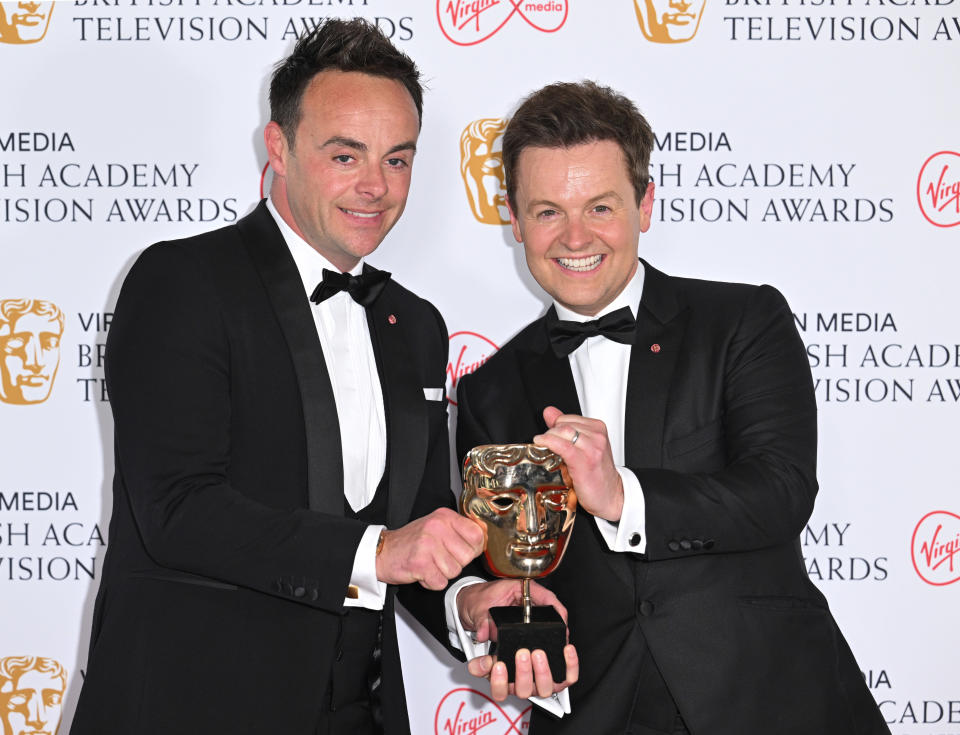 Winners of the Entertainment Programme award for Ant & Dec's Saturday Night Takeaway, Anthony McPartlin and Declan Donnelly pose in the winners room at the Virgin Media British Academy Television Awards at The Royal Festival Hall on May 08, 2022 in London, England. (Photo by Karwai Tang/WireImage)