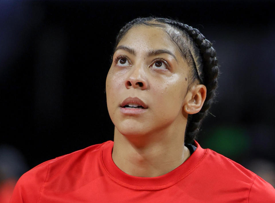 LAS VEGAS, NEVADA - JUNE 26: Candace Parker #3 of the Las Vegas Aces warms up before a game against the Indiana Fever at Michelob ULTRA Arena on June 26, 2023 in Las Vegas, Nevada. The Aces defeated the Fever 88-80. NOTE TO USER: User expressly acknowledges and agrees that, by downloading and or using this photograph, User is consenting to the terms and conditions of the Getty Images License Agreement. (Photo by Ethan Miller/Getty Images)