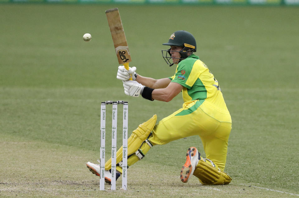 Australia's Marcus Labuschagne bats during the one day international cricket match between India and Australia at the Sydney Cricket Ground in Sydney, Australia, Sunday, Nov. 29, 2020. (AP Photo/Rick Rycroft)