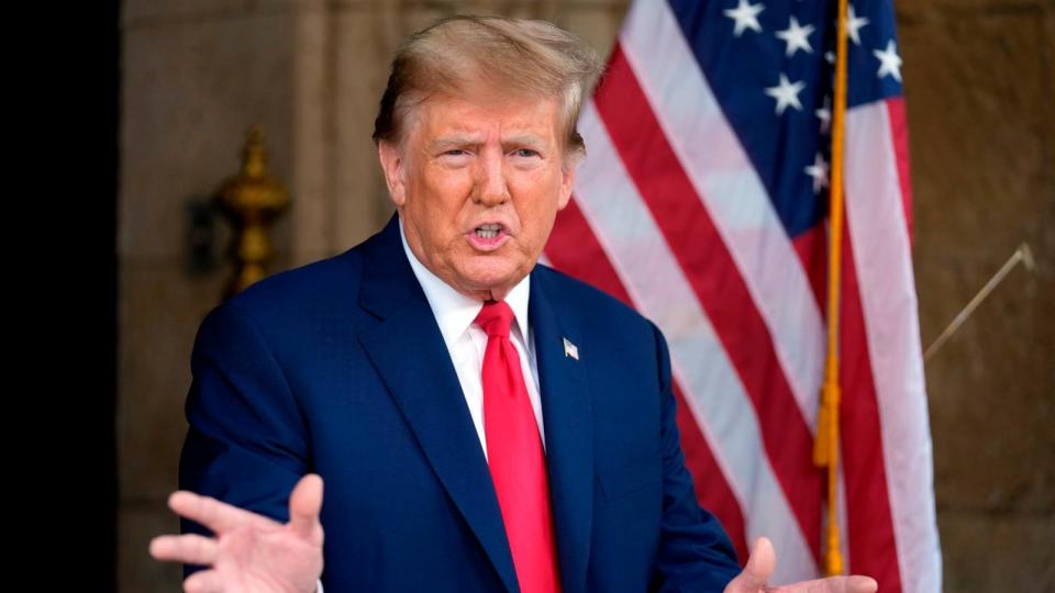 PHOTO: Republican presidential candidate former President Donald Trump speaks at his Mar-a-Lago estate Feb. 8, 2024, in Palm Beach, Fla. (Rebecca Blackwell/AP)