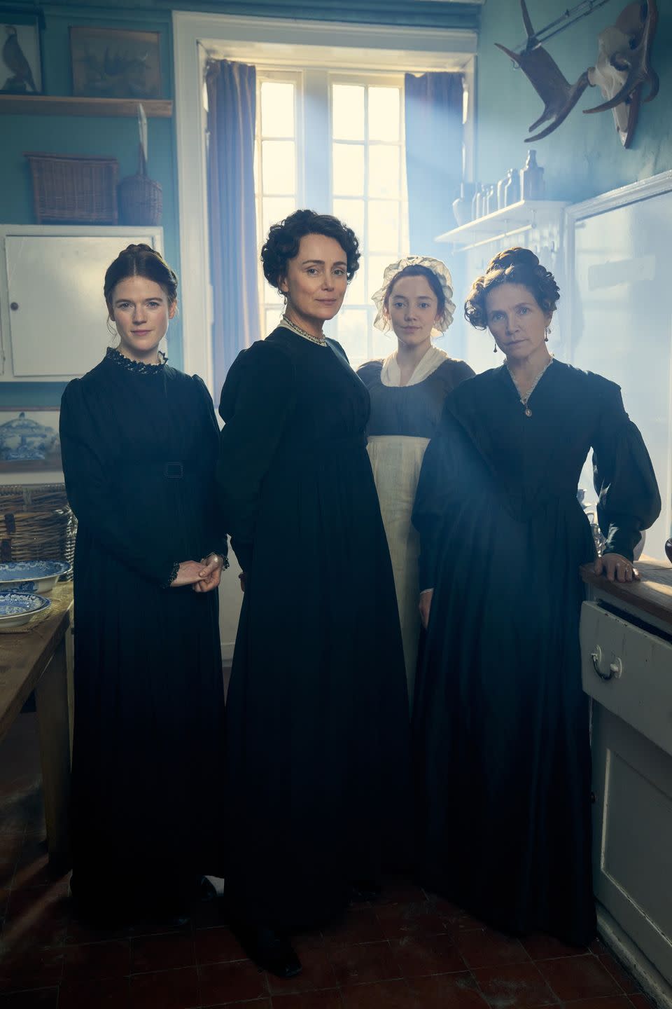 l to r rose leslie as isabella fowle, keeley hawes as cassandra austen, mirren mack as dinah and jessica hynes as mary austen in miss austen photo credit robert viglasky