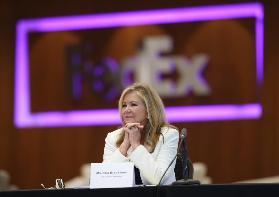 Sen. Marsha Blackburn listens in during a roundtable with Secretary of Transportation Pete Buttigieg at the FedEx Experience Center in Memphis, Tenn. on Thursday, June 3, 2021. 