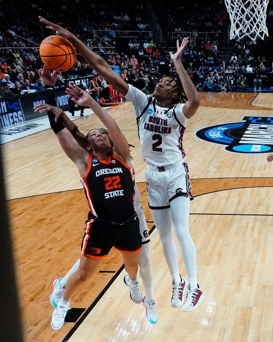 South Carolina's Ashlyn Watkins blocks a shot against Oregon State in the first half Sunday.