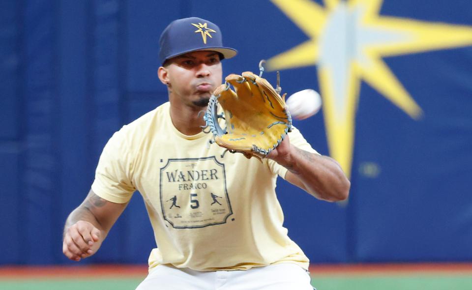 Tampa Bay Rays shortstop Wander Franco (5) fields a ball before a May 28 game against the New York Yankees. Top Rays prospect Franco is expected to come to Jacksonville this week for a injury rehab assignment with the Durham Bulls.