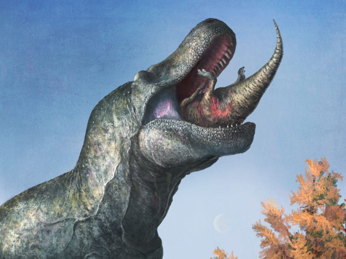 A juvenile Edmontosaurus disappears into the enormous, lipped mouth of a Tyrannosaurus rex. A new study from an international team of paleontologists suggests T. rex had lips enclosing its mouth instead of the large, exposed teeth typically depicted in reconstructions of the dinosaur.  (Mark P. Witton - image credit)