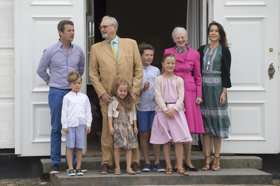 GRASTEN, DENMARK - JULY 15:  Queen Margrethe, and Prince Henrik of Denmark, with Crown Prince Frederik, and Crown Princess Mary of Denmark, and Prince Christian, Princess Isabella, Princess Josephine, and Prince Vincent, attend the annual summer photo call for The Danish Royal Family at Grasten Castle, on July 15, 2016 in Grasten, Denmark. (Photo by Julian Parker/UK Press via Getty Images)