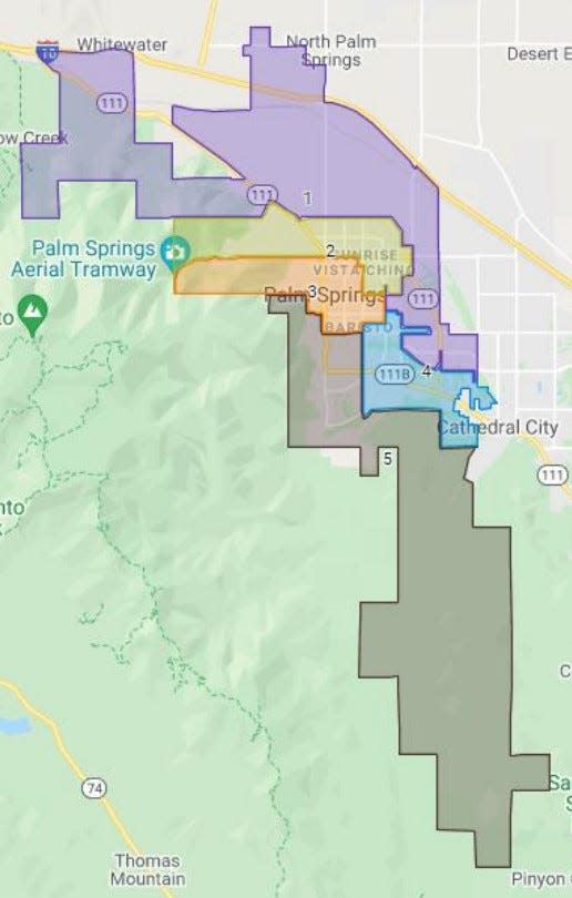 The new city council district map adopted by the Palm Springs City Council on Feb. 24, 2022.