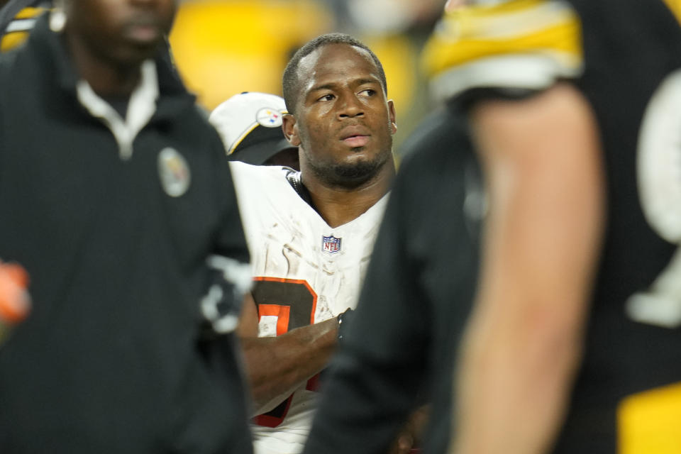 Cleveland Browns running back Nick Chubb, center, is carted off the field after being injured on a tackle by Pittsburgh Steelers safety Minkah Fitzpatrick during an NFL football game in Pittsburgh, Monday, Sept. 18, 2023. (AP Photo/Gene J. Puskar)