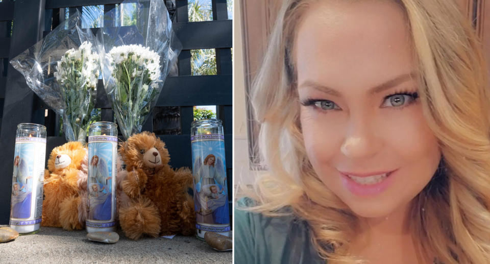 Mum Angela Flores from Los Angeles (right) and a photo of candles and teddy bears outside home where kids were killed (left).