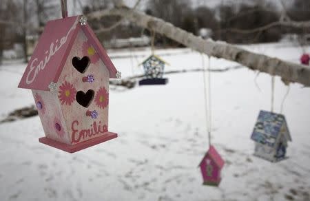 A birdhouse bearing the name of Sandy Hook school shooting victim Emilie Parker hangs from a tree as part of a memorial in Sandy Hook village in Newtown, Connecticut December 13, 2013. REUTERS/Carlo Allegri