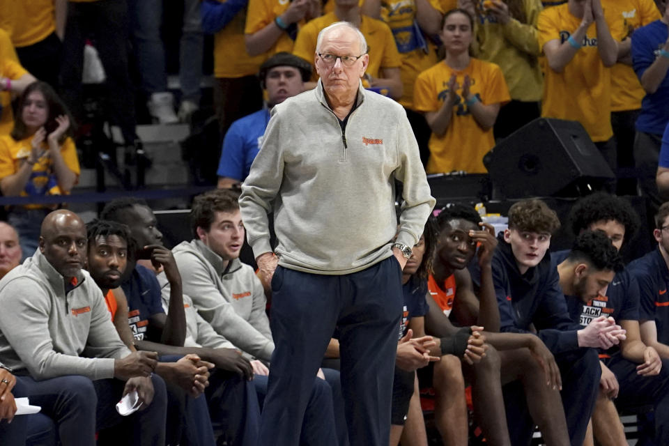 Syracuse head coach Jim Boeheim watches as his team takes on PIttsburgh during the second half of an NCCA college basketball game in Pittsburgh, Saturday, Feb. 25, 2023. (AP Photo/Matt Freed)