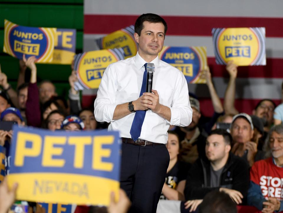Democratic presidential candidate Pete Buttigieg speaks during a rally at Rancho High School on Feb. 16, 2020, in Las Vegas, Nev.