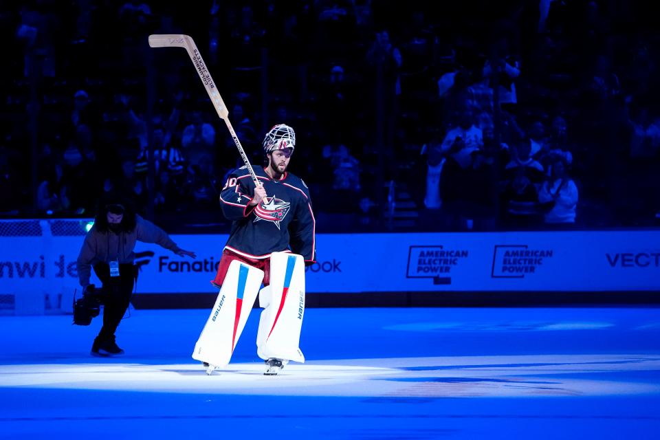 Oct 20, 2023; Columbus, Ohio, USA; Columbus Blue Jackets goaltender Spencer Martin (30) is named the game’s first star following the 3-1 win over the Calgary Flames in the NHL hockey game at Nationwide Arena.