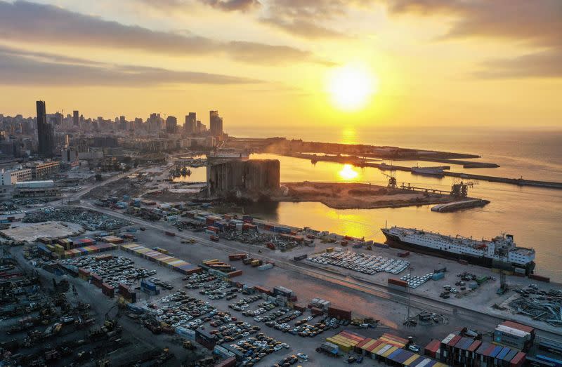 A view shows the partially-collapsed Beirut grain silos, damaged in the August 2020 port blast, in Beirut