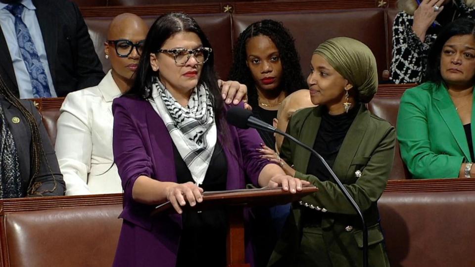 PHOTO: Rep. Ilhan Omar comforts Rep. Rashida Tlaib as she speaks on the House floor on Nov. 7, 2023, in Washington, D.C. (House of Representatives TV)