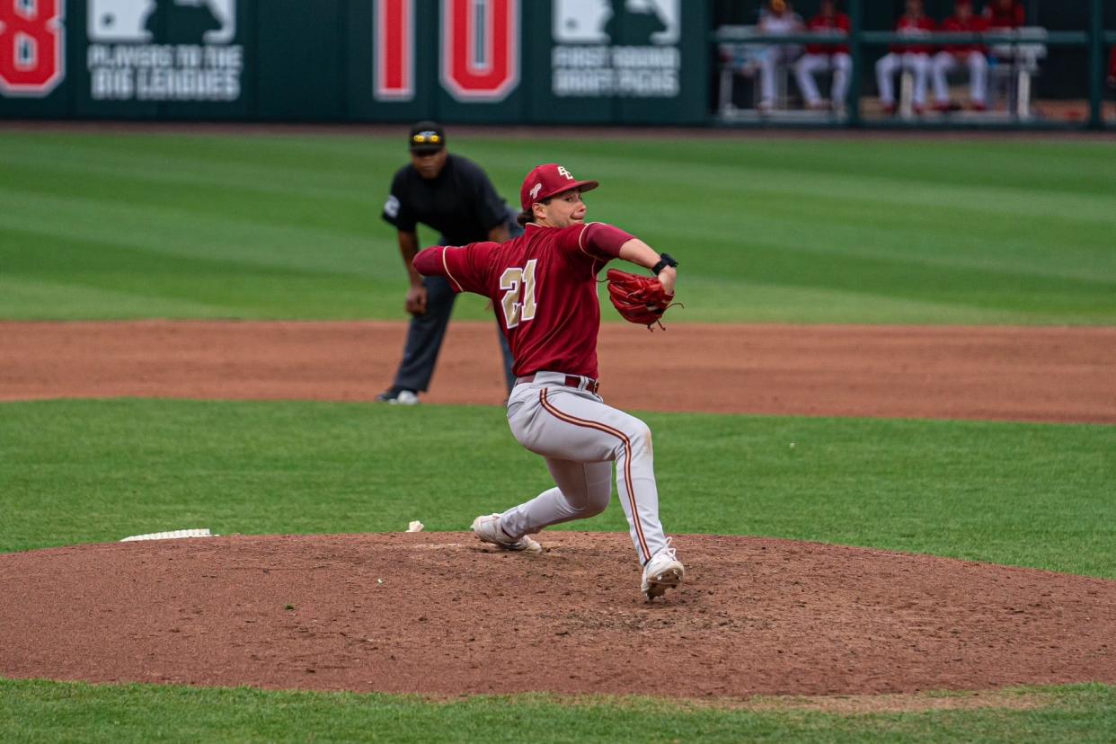 Former St. John's and Holy Cross star Tyler Mudd throws a pitch during a recent game for Boston College.