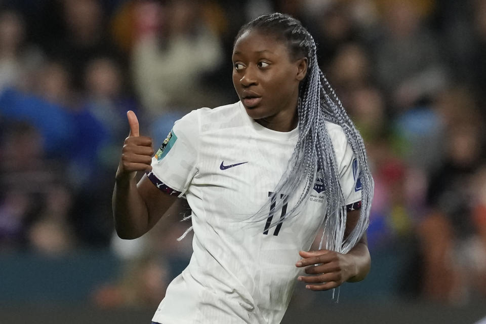 France's Kadidiatou Diani celebrates after scoring her side's second goal during the Women's World Cup Group F soccer match between France and Panama at the Sydney Football Stadium in Sydney, Australia, Wednesday, Aug. 2, 2023. (AP Photo/Mark Baker)