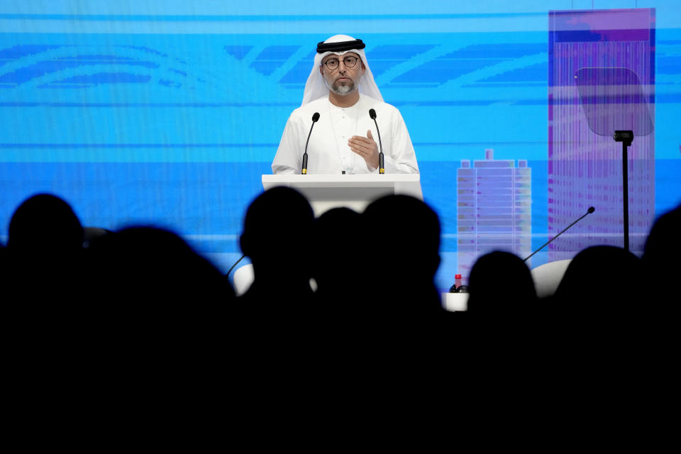 United Arab Emirates Energy Minister Suhail al-Mazrouei speaks during the Atlantic Council's Global Energy Forum at the Dubai Expo 2020, in Dubai, United Arab Emirates, Monday, March 28, 2022. The United Arab Emirates' energy minister doubled down Monday on an oil alliance with Russia that's helped buoy crude prices to their highest in years as the war in Ukraine rattles markets and sends energy and commodity prices soaring. (AP Photo/Ebrahim Noroozi)