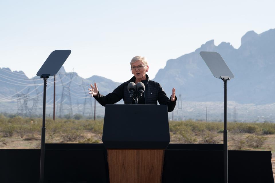 U.S. Department of Energy Secretary Jennifer Granholm speaks during a groundbreaking ceremony for the 125-mile-long Ten West Link transmission line on Jan. 19, 2023, at the Arizona Public Service Delaney Substation in Tonopah.