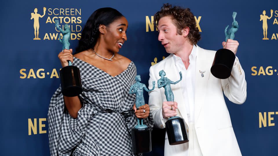 Ayo Edebiri and Jeremy Allen White, winners of the outstanding performance by a female and male actor in a comedy series as well as ensemble in a comedy series awards for '"The Bear," pose in the press room during the 30th Annual Screen Actors Guild Awards. - Frazer Harrison/Getty Images