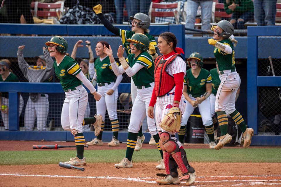 Stuart players react during the Class B Fast Pitch Softball State Championship game against Whitesboro, Saturday, Oct. 8, 2022, at USA Softball Hall Of Fame Stadium in Oklahoma City.
