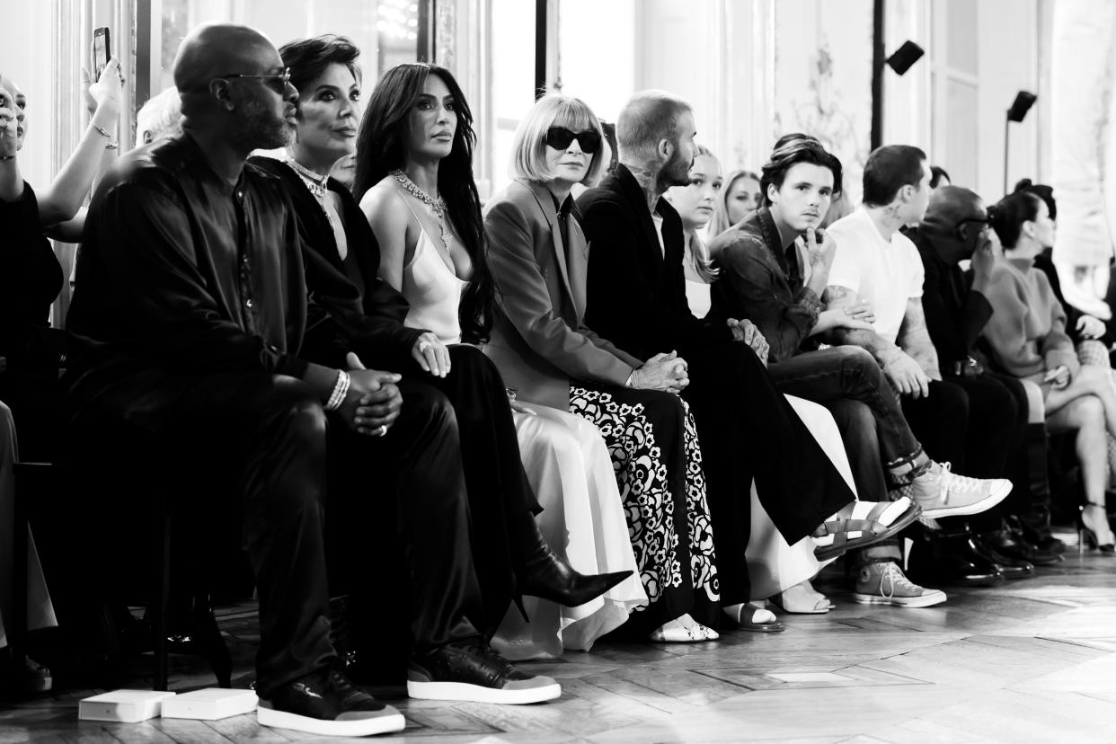 Corey Gamble, Kris Jenner, Kim Kardashian, Anna Wintour and David Beckham sit front row at Victoria Beckham Ready To Wear Spring 2024 on September 29, 2023 in Paris, France. (Photo by Francois Goize/WWD via Getty Images)