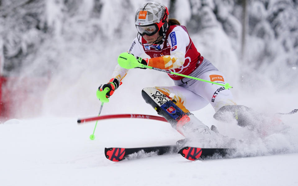 FILE - Slovakia's Petra Vlhova competes during the first run of an alpine ski, World Cup women's slalom in Kranjska Gora, Slovenia, Sunday, Jan. 9, 2022. Vlhova is the reigning overall World Cup champion and won five of this season’s first six slaloms, a race Mikaela Shiffrin used to dominate. (AP Photo/Pier Marco Tacca, File)