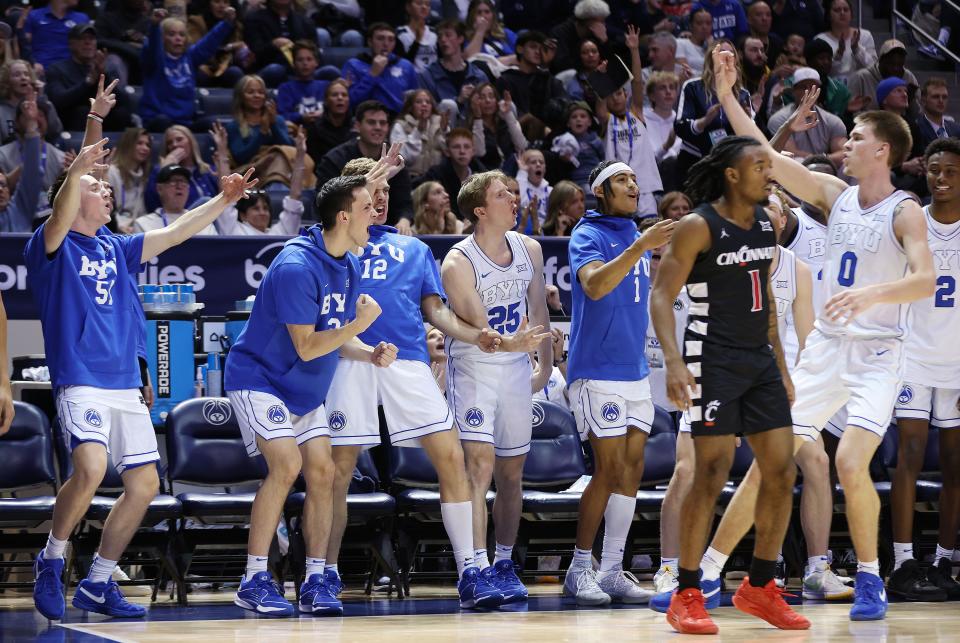 Brigham Young Cougars bench react after a 3-pointer by Brigham Young Cougars forward Noah Waterman (0) in Provo on Saturday, Jan. 6, 2024. Cincinnati won 71-60. | Jeffrey D. Allred, Deseret News