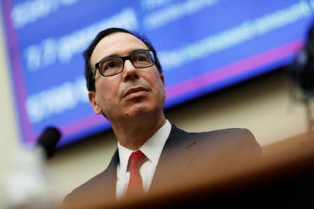 FILE PHOTO: U.S. Secretary of the Treasury Steven Mnuchin testifies to the House Financial Services hearing on state of the international financial system on Capitol Hill in Washington, U.S., July 12, 2018.      REUTERS/Joshua Roberts