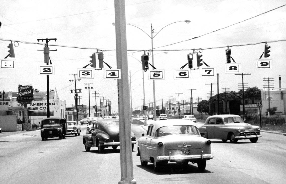 Traffic on South Dixie Highway in Coral Gables in 1958.