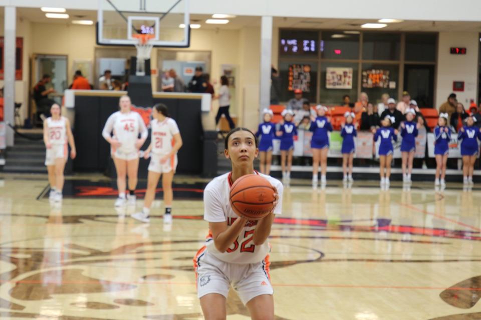 Artesia's Hattie Harrison attempts a foul shot during the District 4-4A postseason basketball tournament on March 1, 2024. The Lady Bulldogs defeated Lovington.