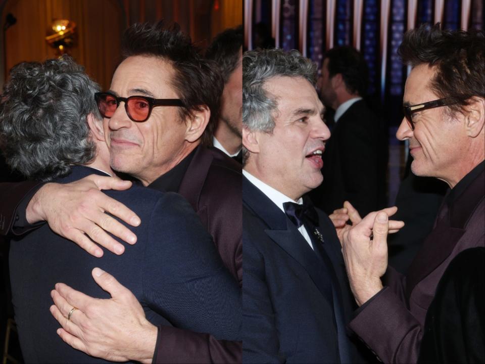 "Avengers" star Mark Ruffalo and Robert Downey Jr. at the 2024 Golden Globes.