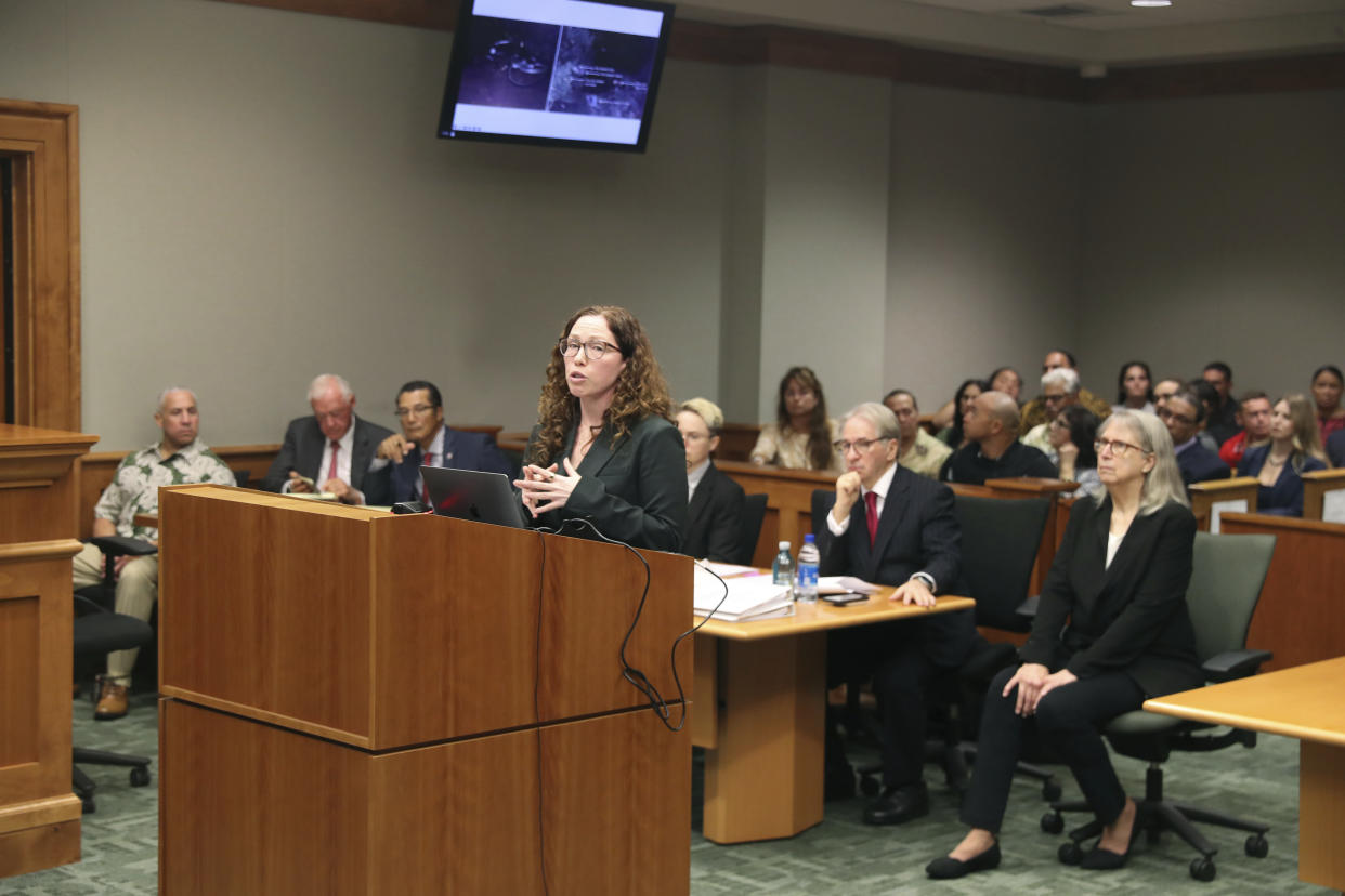 Innocence Project attorney Susan Freidman talks at the podium from the Albert "Ian" Schweitzer court case Tuesday, Jan. 24, 2023, in Hilo, Hawaii. Attorneys for Schweitzer, imprisoned for more than 20 years after his conviction for the 1991 sexual assault, kidnapping, and murder of a white woman visiting the Big Island, ask a judge Tuesday to dismiss his conviction due to new evidence, including DNA testing in the case. (Marco Garcia/The Innocence Project via AP Images)