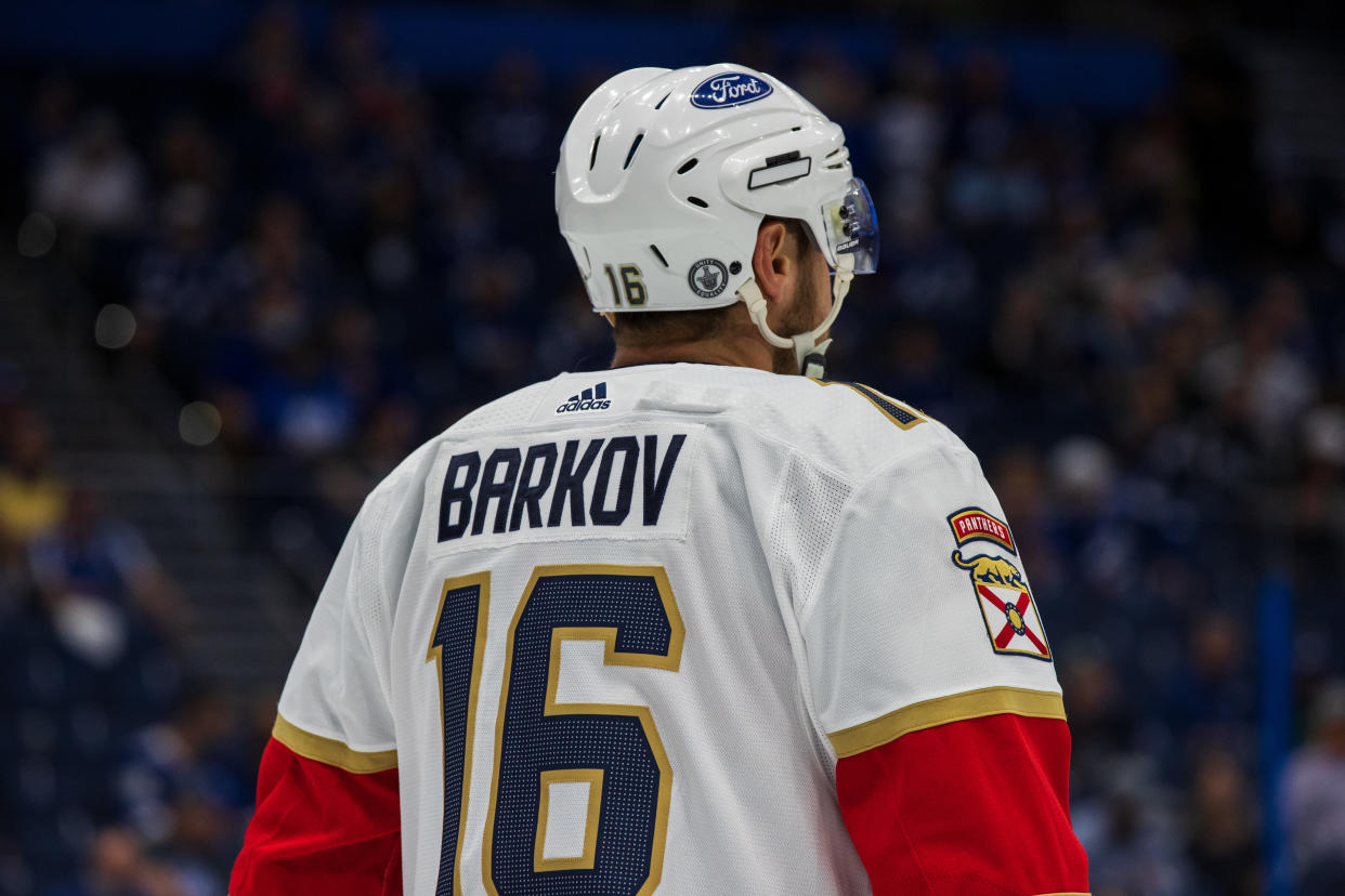 TAMPA, FL - MAY 20: Aleksander Barkov #16 of the Florida Panthers skates against the Tampa Bay Lightning during the first period in Game Three of the First Round of the 2021 Stanley Cup Playoffs at Amalie Arena on May 20, 2021 in Tampa, Florida. (Photo by Scott Audette/NHLI via Getty Images)