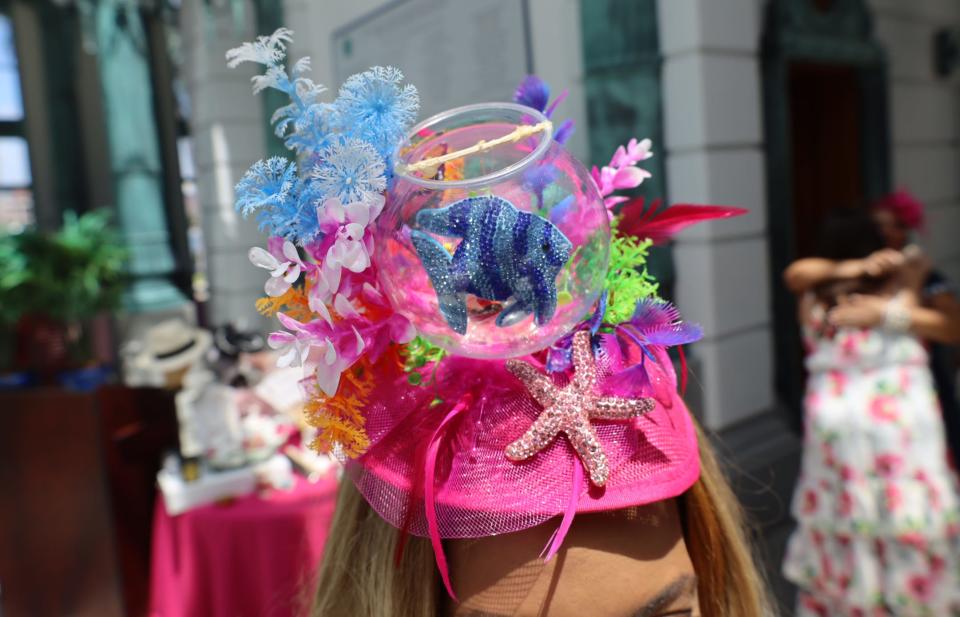 Jamie Arty of Long Island made the colorful fascinator she wore to afternoon tea at the Henry Morrison Flagler Museum during the fifth Pink Retreat in Palm Beach. Arty said she used fish tank decor to complete the look, which matched her Lilly Pulitzer dress.