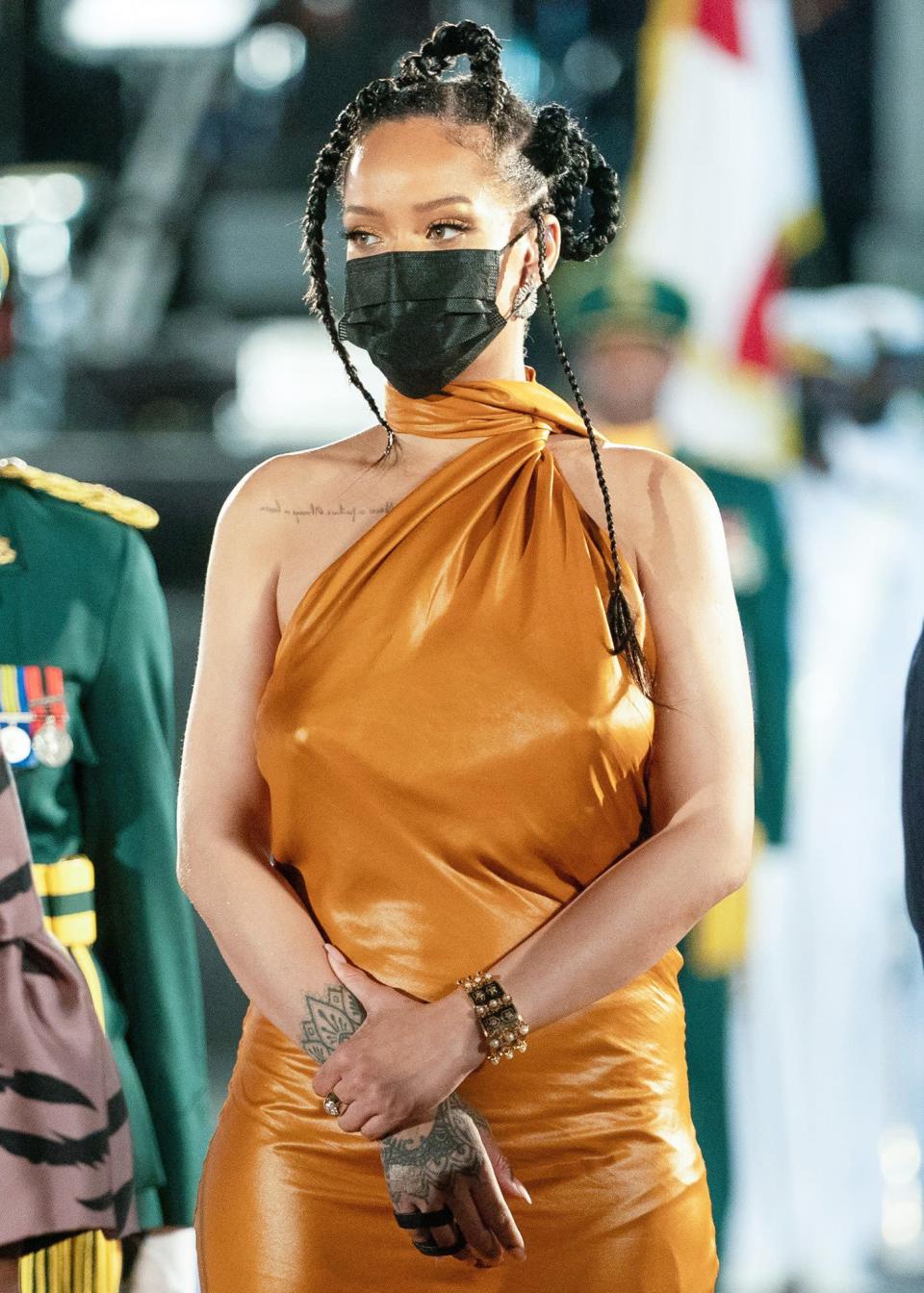 <p>Rihanna stands tall for an important milestone on Nov. 29, looking on as her native Barbados <a href="https://people.com/royals/queen-elizabeth-congratulates-beautiful-country-barbados-on-becoming-a-republic/" rel="nofollow noopener" target="_blank" data-ylk="slk:transitions to an independent republic" class="link rapid-noclick-resp">transitions to an independent republic</a> led by new president, Sandra Mason. Prince Charles was also on hand for the ceremony, where <a href="https://people.com/music/rihanna-named-national-hero-by-barbados-prime-minister/" rel="nofollow noopener" target="_blank" data-ylk="slk:Rihanna was honored" class="link rapid-noclick-resp">Rihanna was honored</a> as a National Hero by Barbados Prime Minister Mia Mottley.</p>