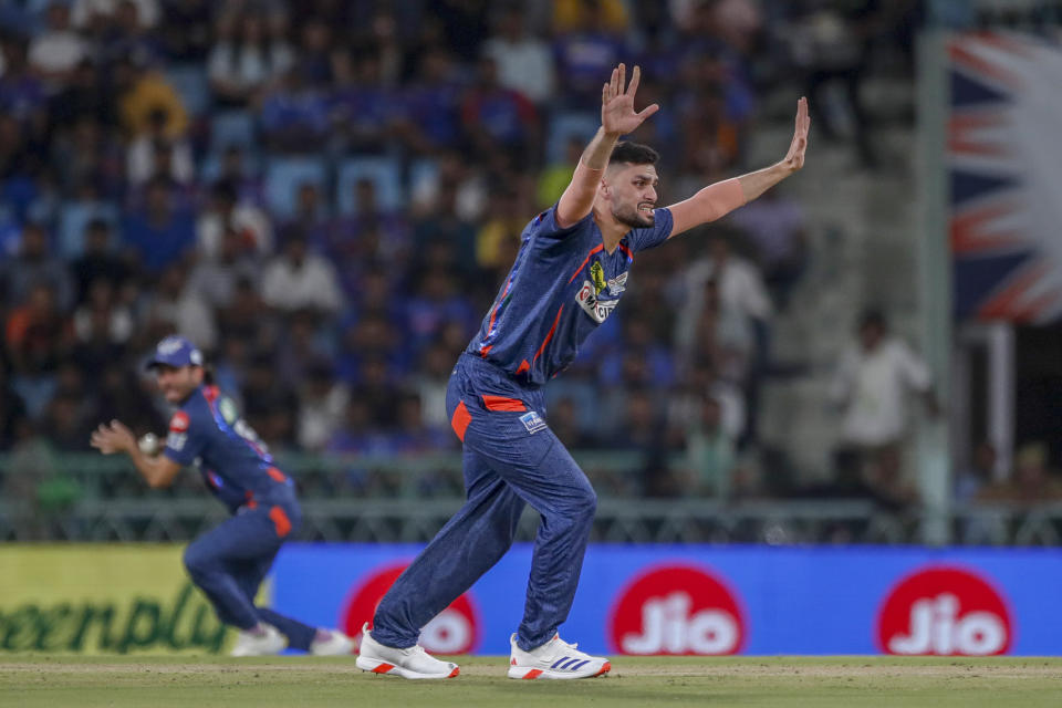 Lucknow Super Giants' Naveen-ul-Haq appeals unsuccessfully for the wicket of Mumbai Indians' Tilak Varma during the Indian Premier League cricket match between Lucknow Super Giants and Mumbai Indians in Lucknow, India, Tuesday, April 30, 2024. (AP Photo/Pankaj Nangia)