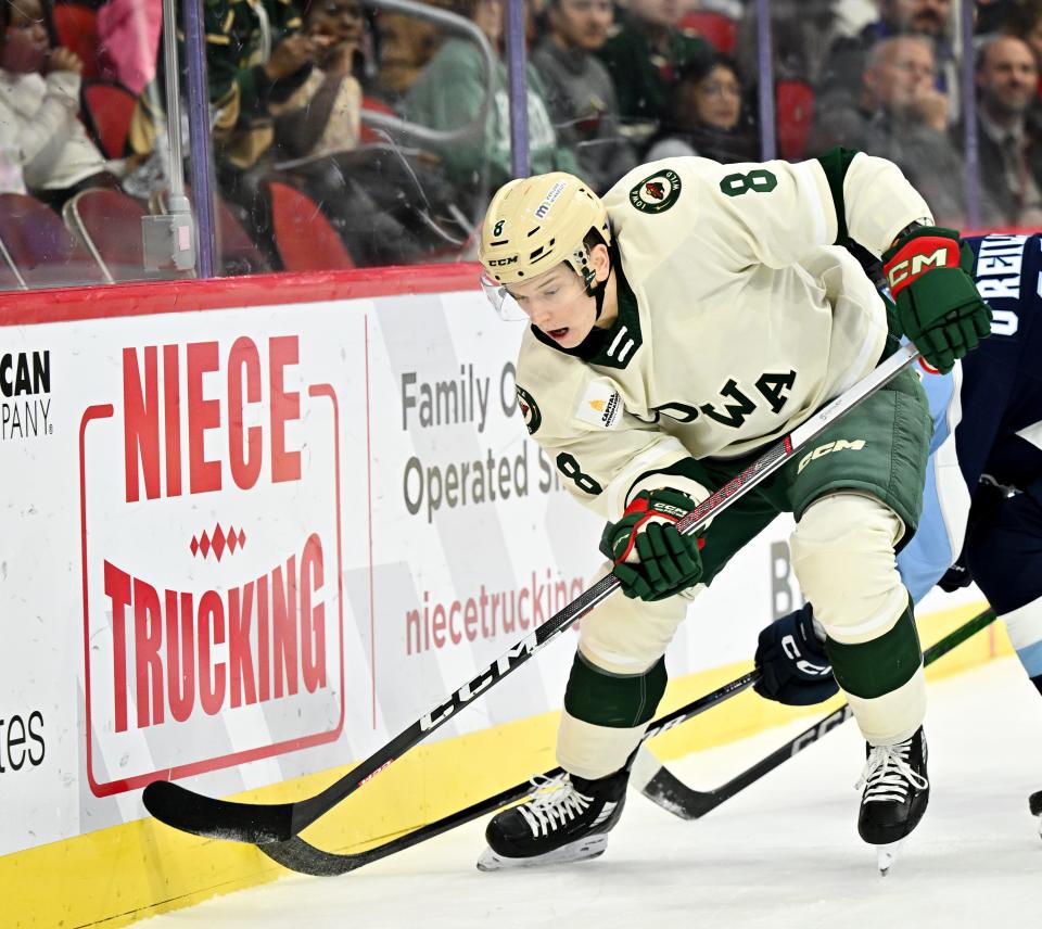 Pavel Novak fights for the puck against the boards during the Iowa Wild's game against the Milwaukee Admirals on Nov. 2.