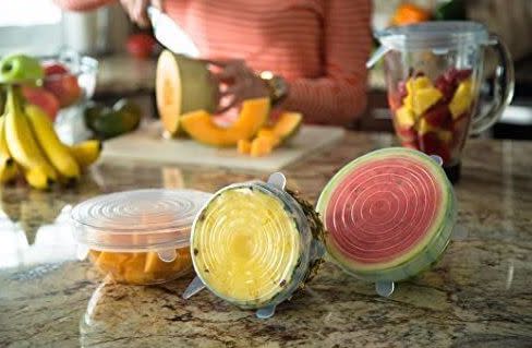 They can stretch to fit fruits, blenders and lonely plastic containers &mdash; no more digging through drawers of mismatched lids or covering things up with flimsy plastic wrap! These are also safe to use in the freezer.<br /><br /><strong>Promising Review:</strong> "I purchased these lids in error. I thought that I was ordering a different set of lids. When they arrived, I was disappointed that I had ordered wrong ones but I have to say, boy! Was I wrong! This was the best 'mistake' I made! <strong>They stretch and fit tight on any container. I love the variety of the lid sizes and they perform very well.</strong> I'm so glad I purchased these, even though it was in error." &mdash; <a href="https://amzn.to/3uXYLEw" target="_blank" rel="nofollow noopener noreferrer" data-skimlinks-tracking="5878601" data-vars-affiliate="Amazon" data-vars-asin="none" data-vars-href="https://www.amazon.com/gp/customer-reviews/R3I8TL6GMTWC0J?tag=bfmal-20&amp;ascsubtag=5878601%2C25%2C32%2Cmobile_web%2C0%2C0%2C16416130" data-vars-keywords="cleaning" data-vars-link-id="16416130" data-vars-price="" data-vars-product-id="1" data-vars-product-img="none" data-vars-product-title="Placeholder- no product" data-vars-retailers="Amazon">shanry</a><br /><br /><strong>Get it from Amazon for <a href="https://amzn.to/2QtQFoe" target="_blank" rel="noopener noreferrer">$14.97</a>.</strong>