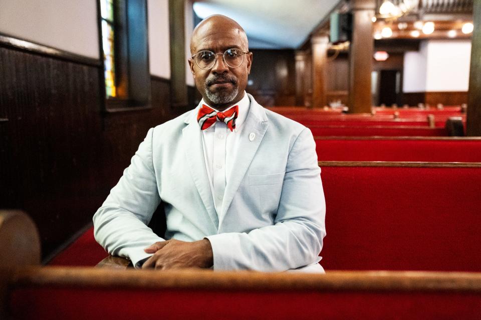 Mother Emanuel AME Pastor Eric Manning poses for a portrait in the North Charleston, S.C. church on Wednesday, Jan. 24, 2024.