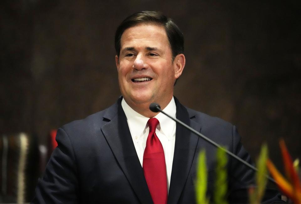 Gov. Doug Ducey gives his final State of the State address during the opening day of the 2022 Arizona legislative session at the State House of Representatives in Phoenix on Jan. 10, 2022.