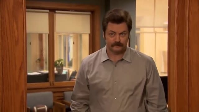 Ron talking to the camera in "Parks and Recreation"